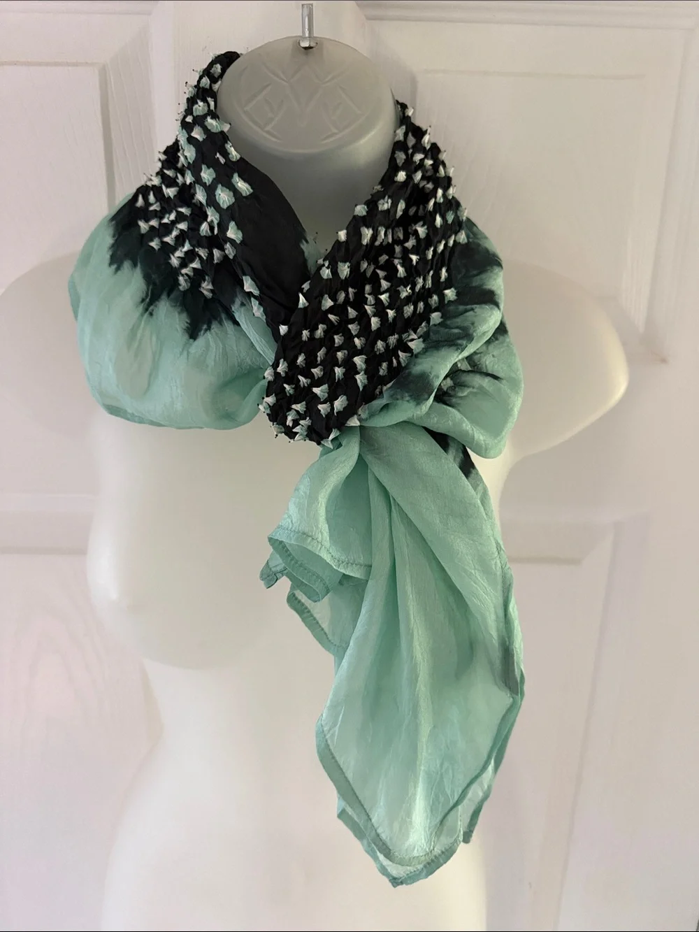 Asian Eye Mint Green & Navy Bandhani Tie-Dye Silk Scarf Handcrafted India